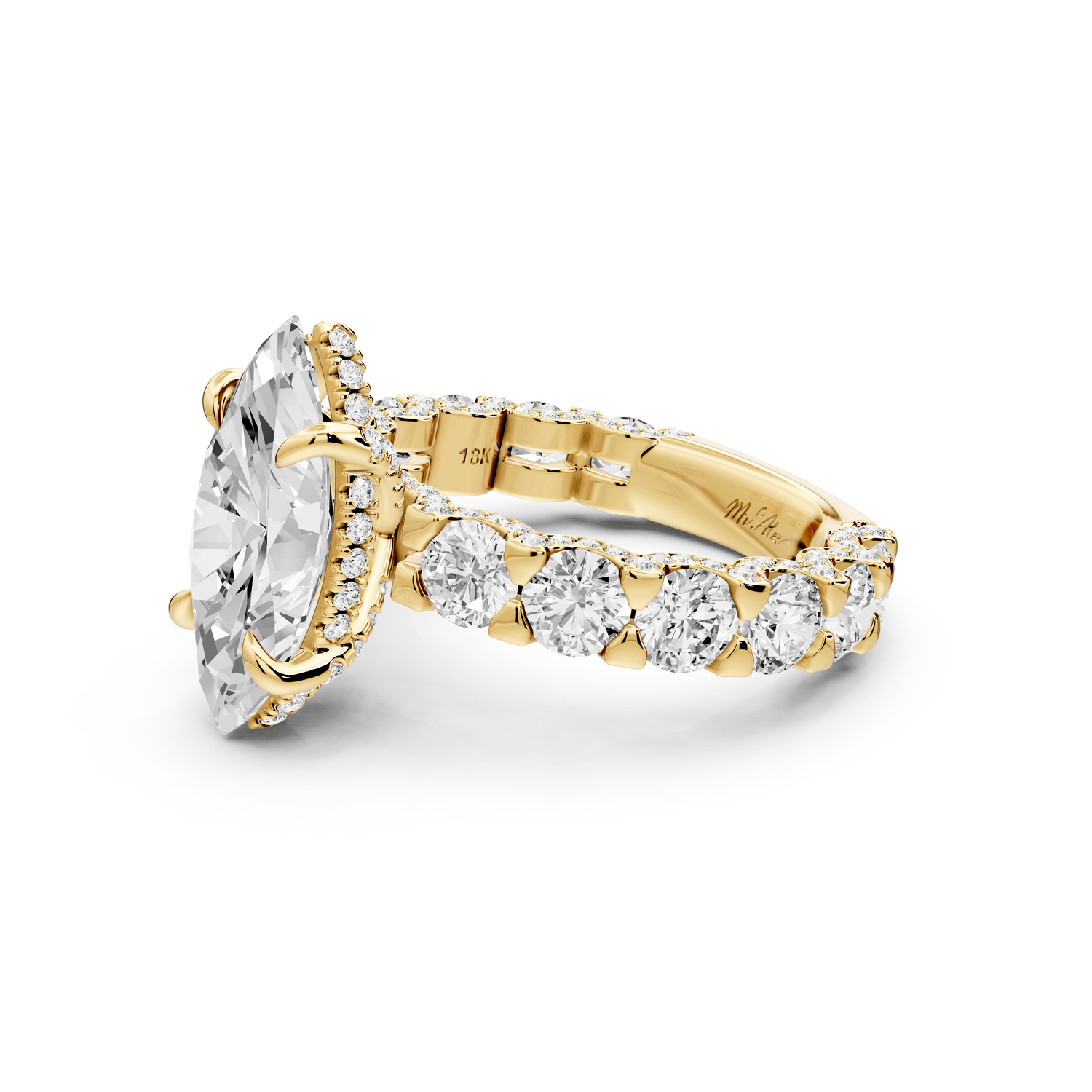 Maya - 3ct 18k yellow gold Marquise Hidden Halo Engagement Ring with Halo-Set Side Stones - Mr. Alex Jewelry