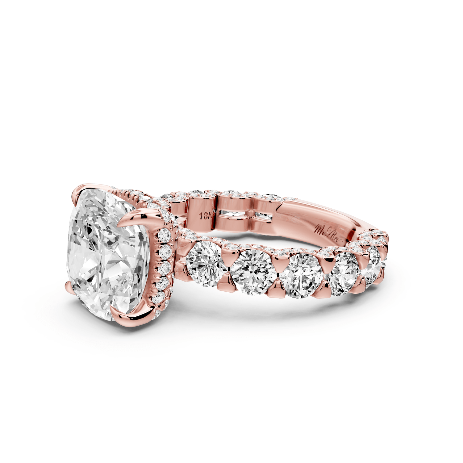 Maya - 5ct 18k rose gold Cushion Hidden Halo Engagement Ring with Halo-Set Side Stones - Mr. Alex Jewelry