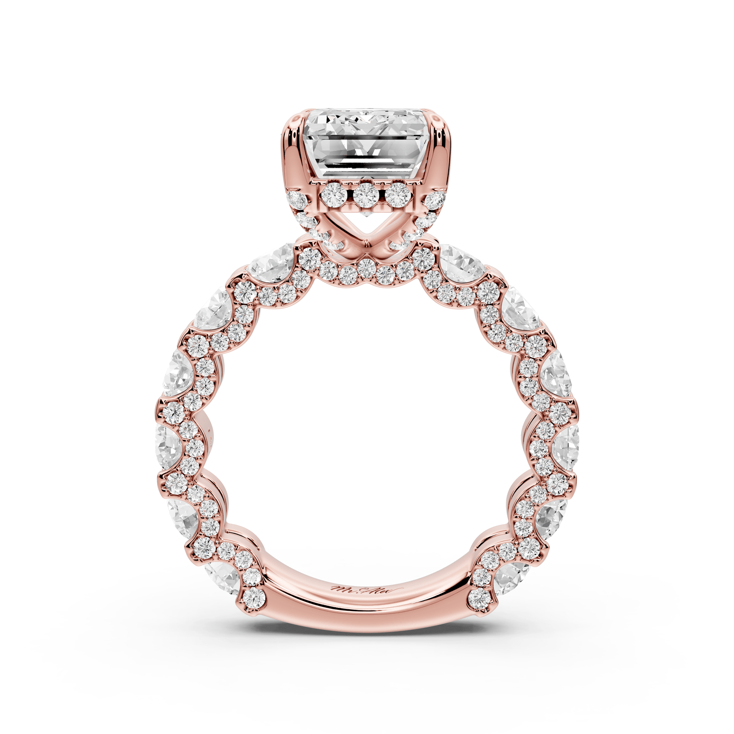Maya - 5ct 18k rose gold Emerald Hidden Halo Engagement Ring with Halo-Set Side Stones - Mr. Alex Jewelry