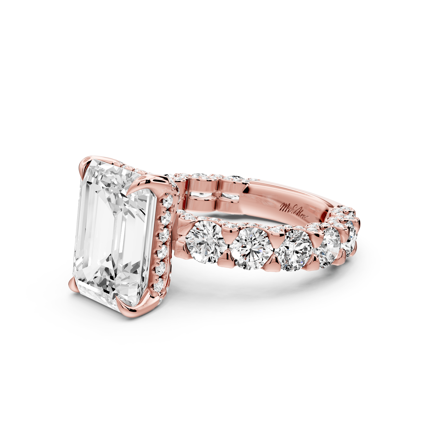 Maya - 5ct 18k rose gold Emerald Hidden Halo Engagement Ring with Halo-Set Side Stones - Mr. Alex Jewelry