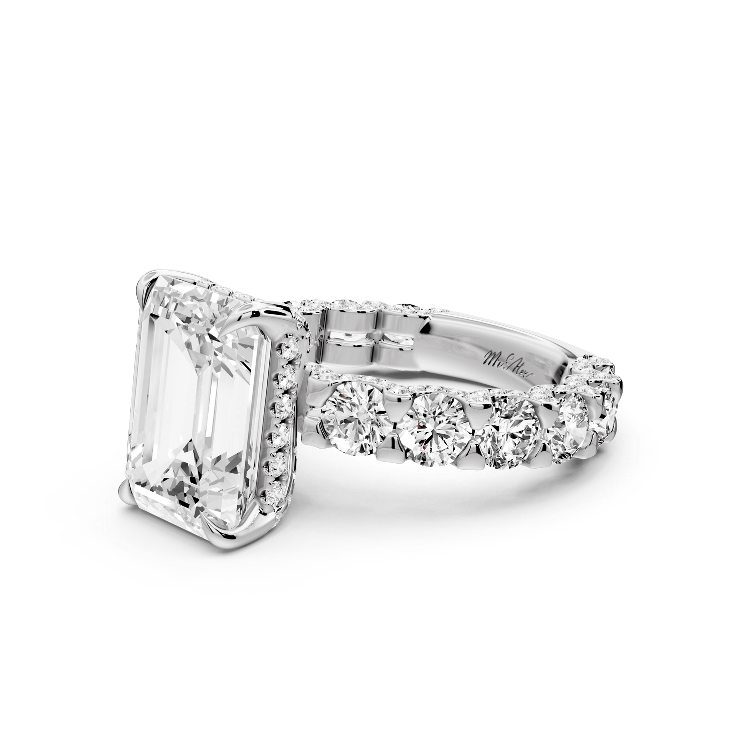 Maya - 5ct 18k white gold Emerald Hidden Halo Engagement Ring with Halo-Set Side Stones - Mr. Alex Jewelry