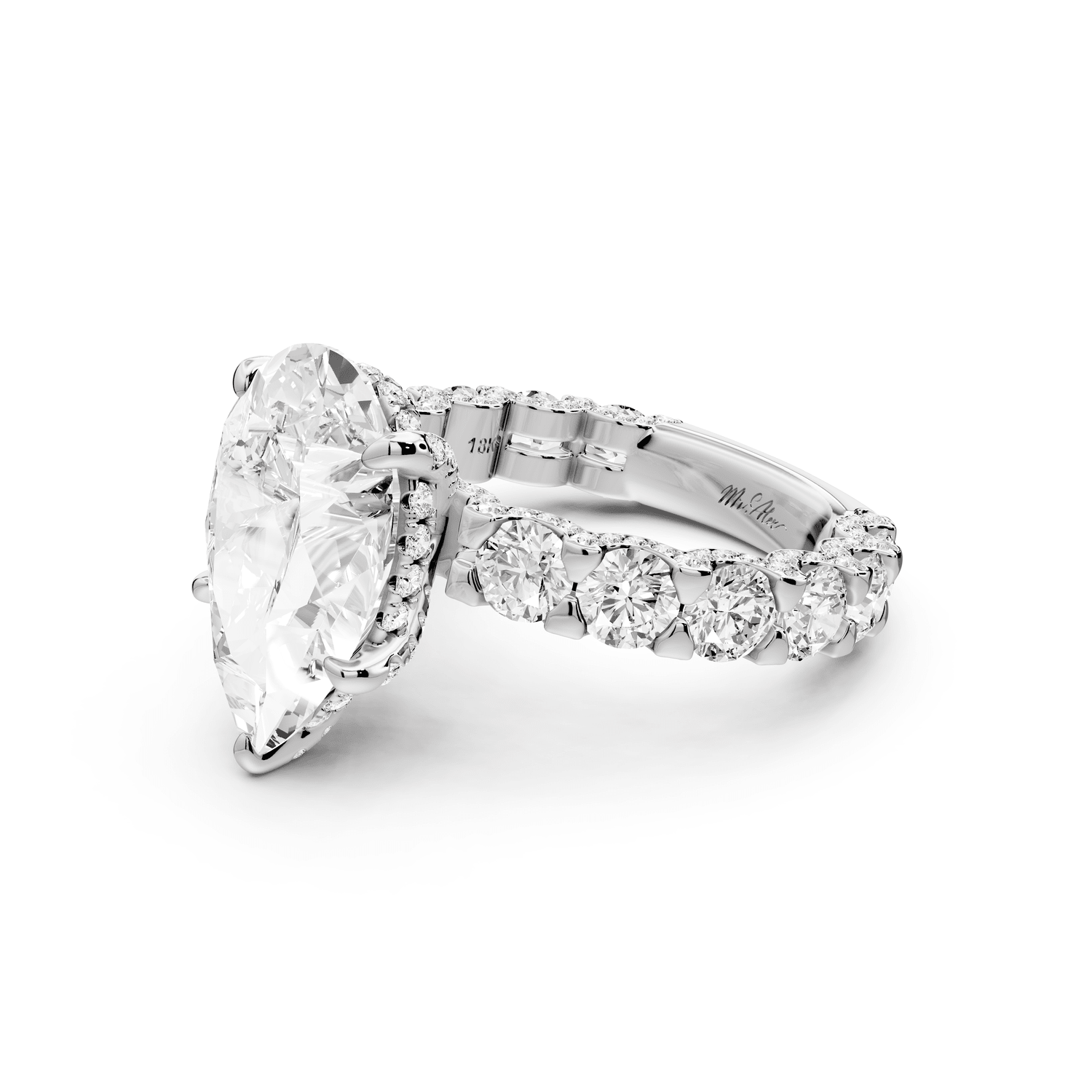 Maya - 5ct 18k white gold Pear Hidden Halo Engagement Ring with Halo-Set Side Stones - Mr. Alex Jewelry