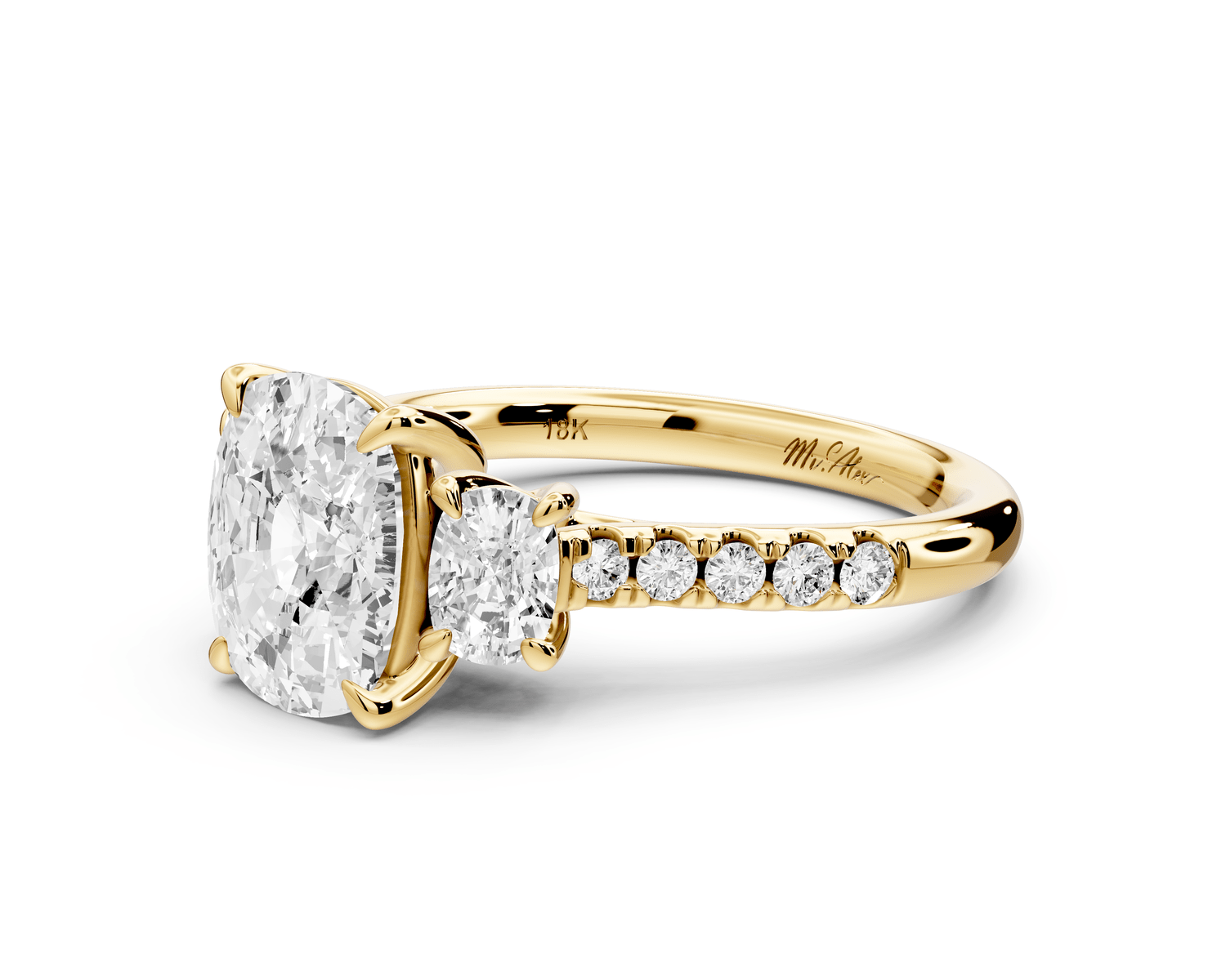 Mia - 2ct 14k yellow gold ecushion Trellis Basket Diamond Pavé half band Engagement Ring - Mr. Alex Jewelry
