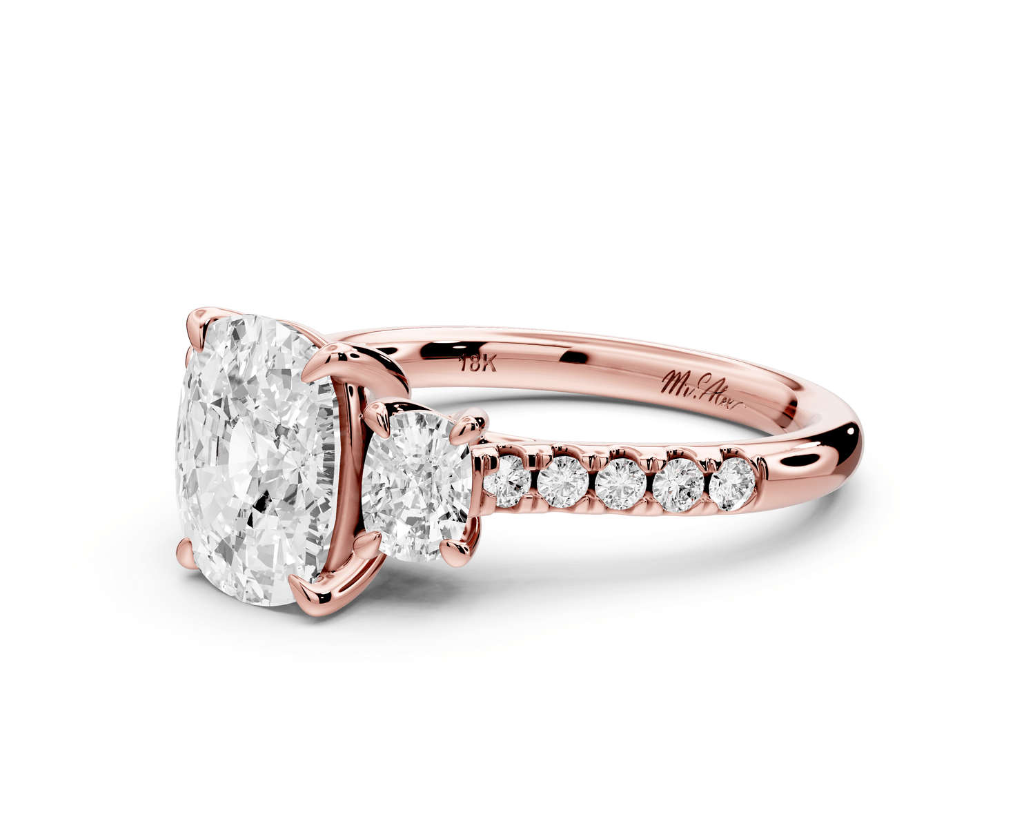Mia - 2ct 18k rose gold ecushion Trellis Basket Diamond Pavé half band Engagement Ring - Mr. Alex Jewelry