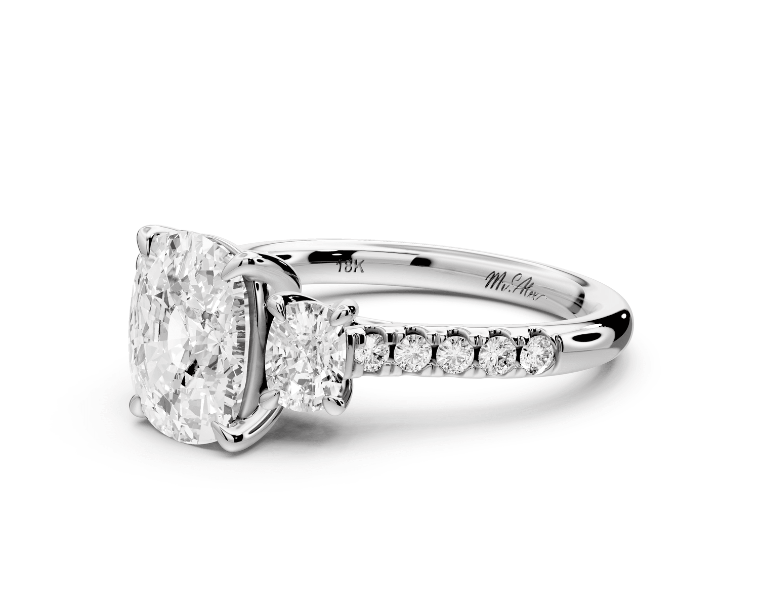 Mia - 2ct 18k white gold ecushion Trellis Basket Diamond Pavé half band Engagement Ring - Mr. Alex Jewelry