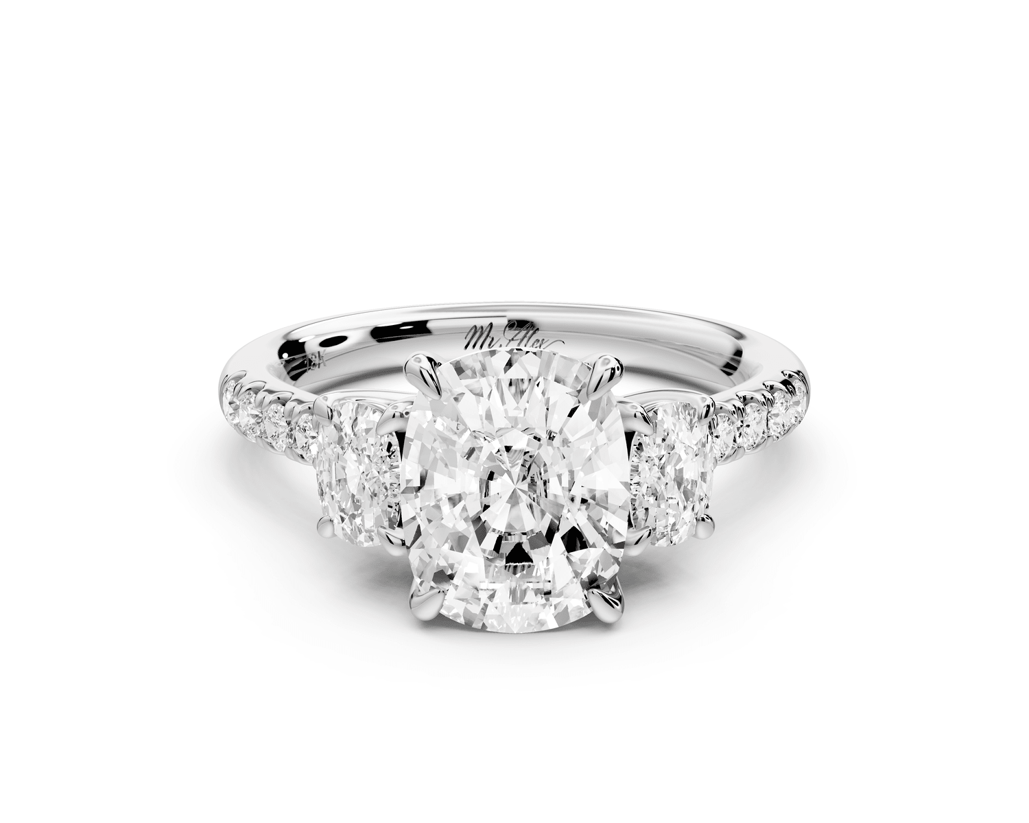 Mia - 2ct 18k white gold ecushion Trellis Basket Diamond Pavé half band Engagement Ring - Mr. Alex Jewelry