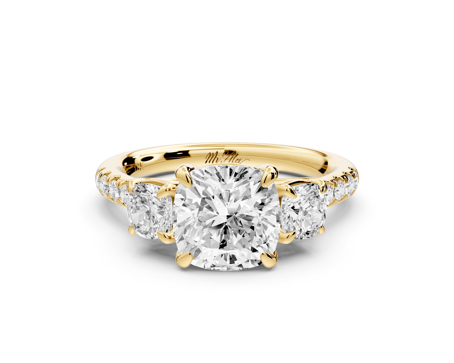 Mia - 2ct 18k yellow gold cushion Trellis Basket Diamond Pavé half band Engagement Ring - Mr. Alex Jewelry
