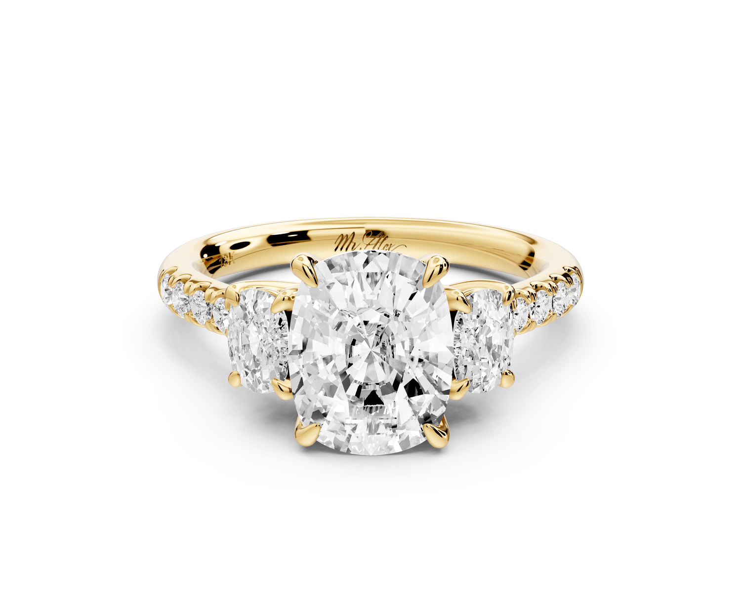 Mia - 2ct 18k yellow gold ecushion Trellis Basket Diamond Pavé half band Engagement Ring - Mr. Alex Jewelry