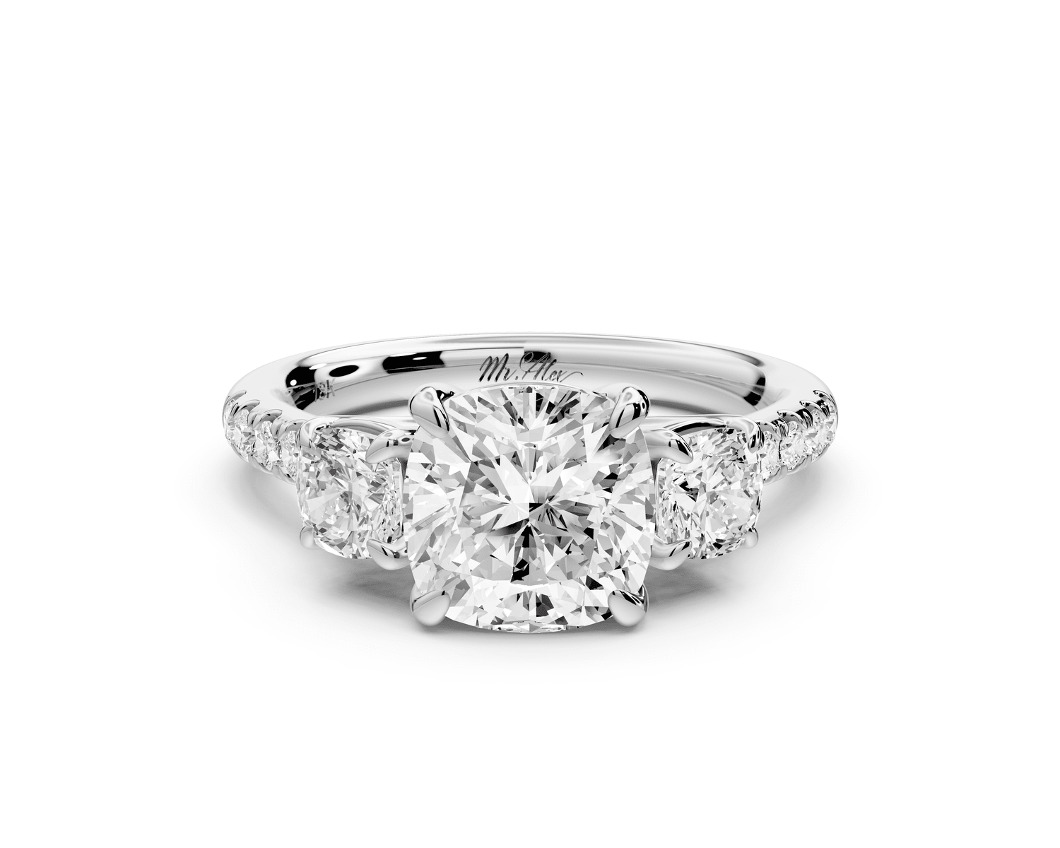 Mia - 2ct platinum cushion Trellis Basket Diamond Pavé half band Engagement Ring - Mr. Alex Jewelry