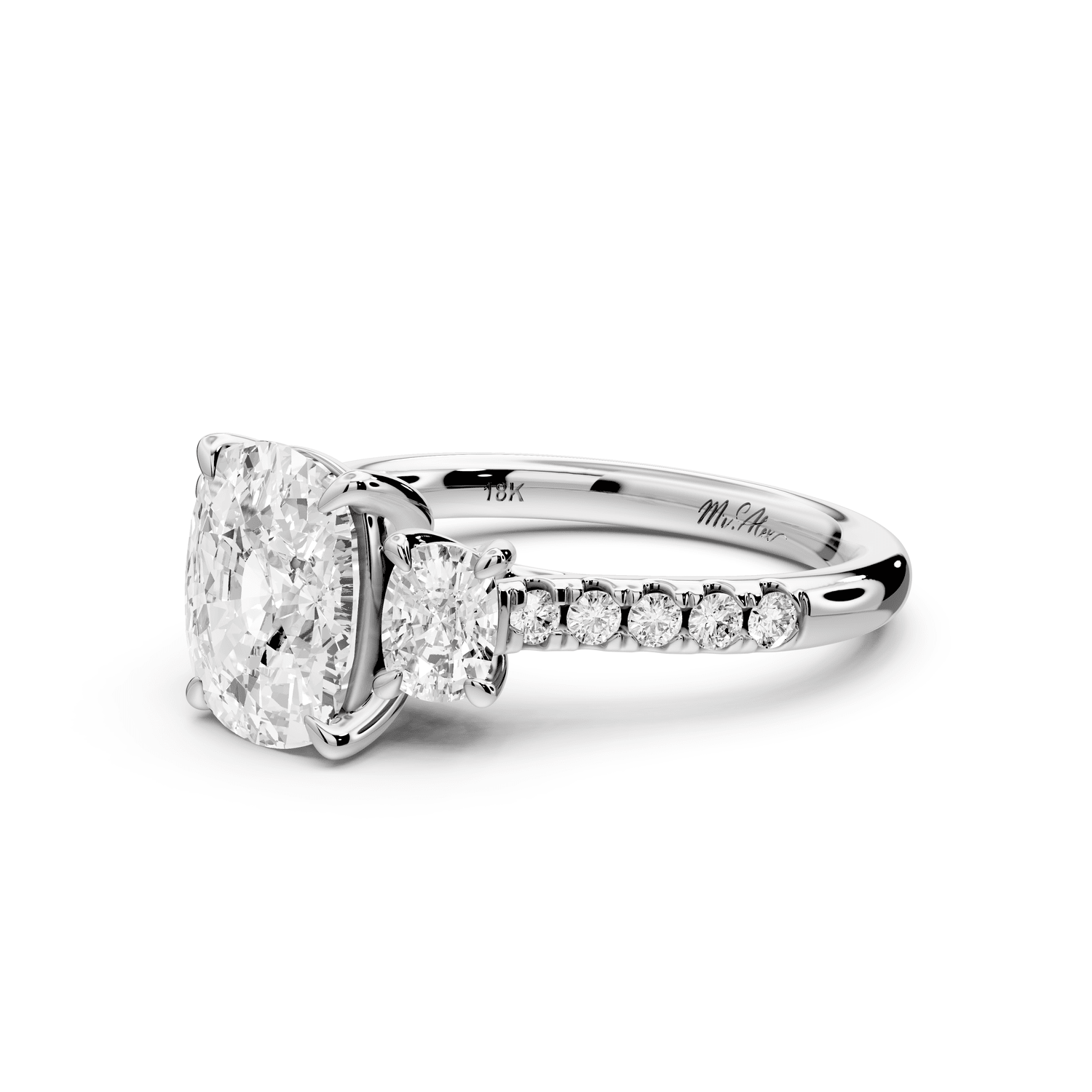 Mia - 2ct platinum ecushion Trellis Basket Diamond Pavé half band Engagement Ring - Mr. Alex Jewelry