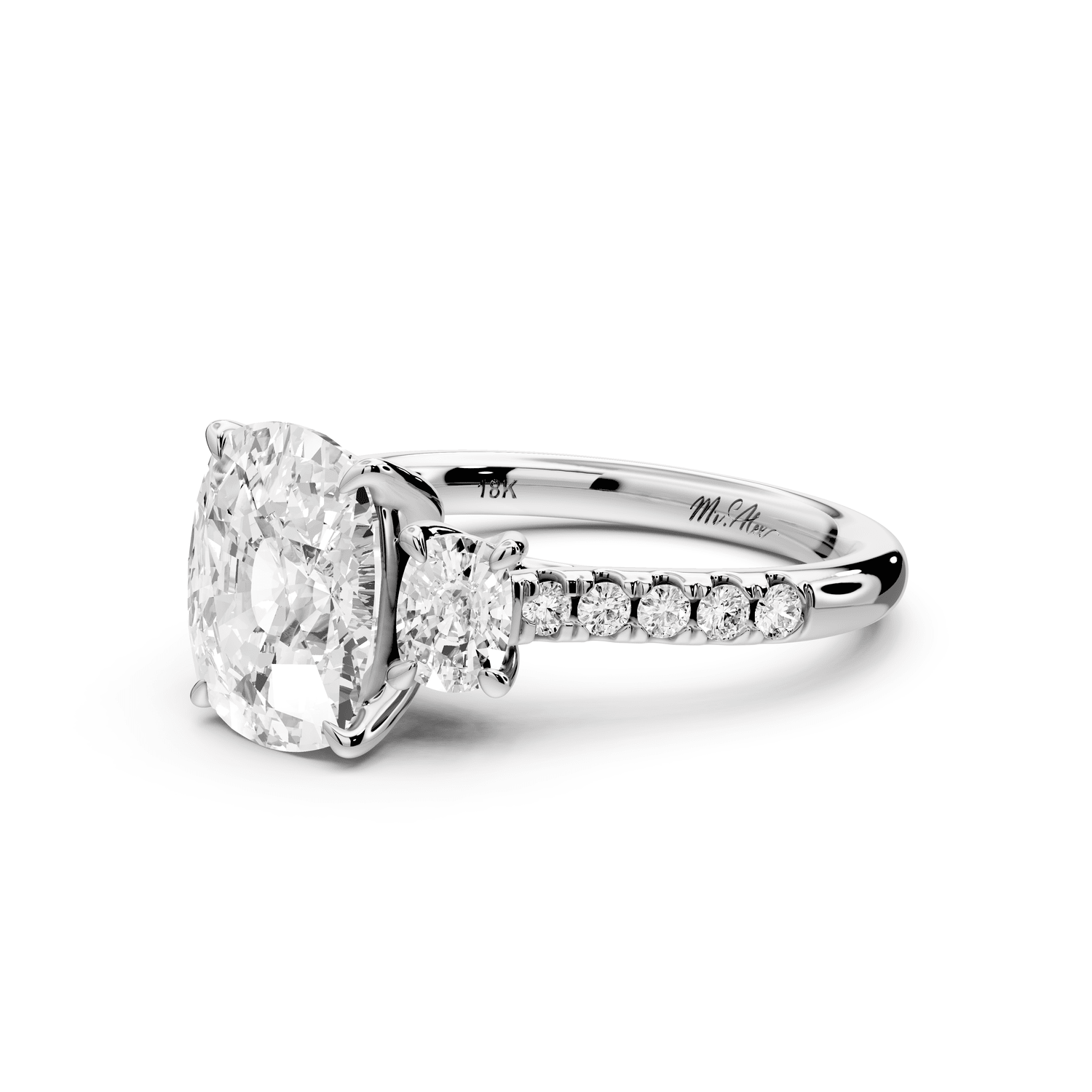 Mia - 3ct 14k white gold ecushion Trellis Basket Diamond Pavé half band Engagement Ring - Mr. Alex Jewelry