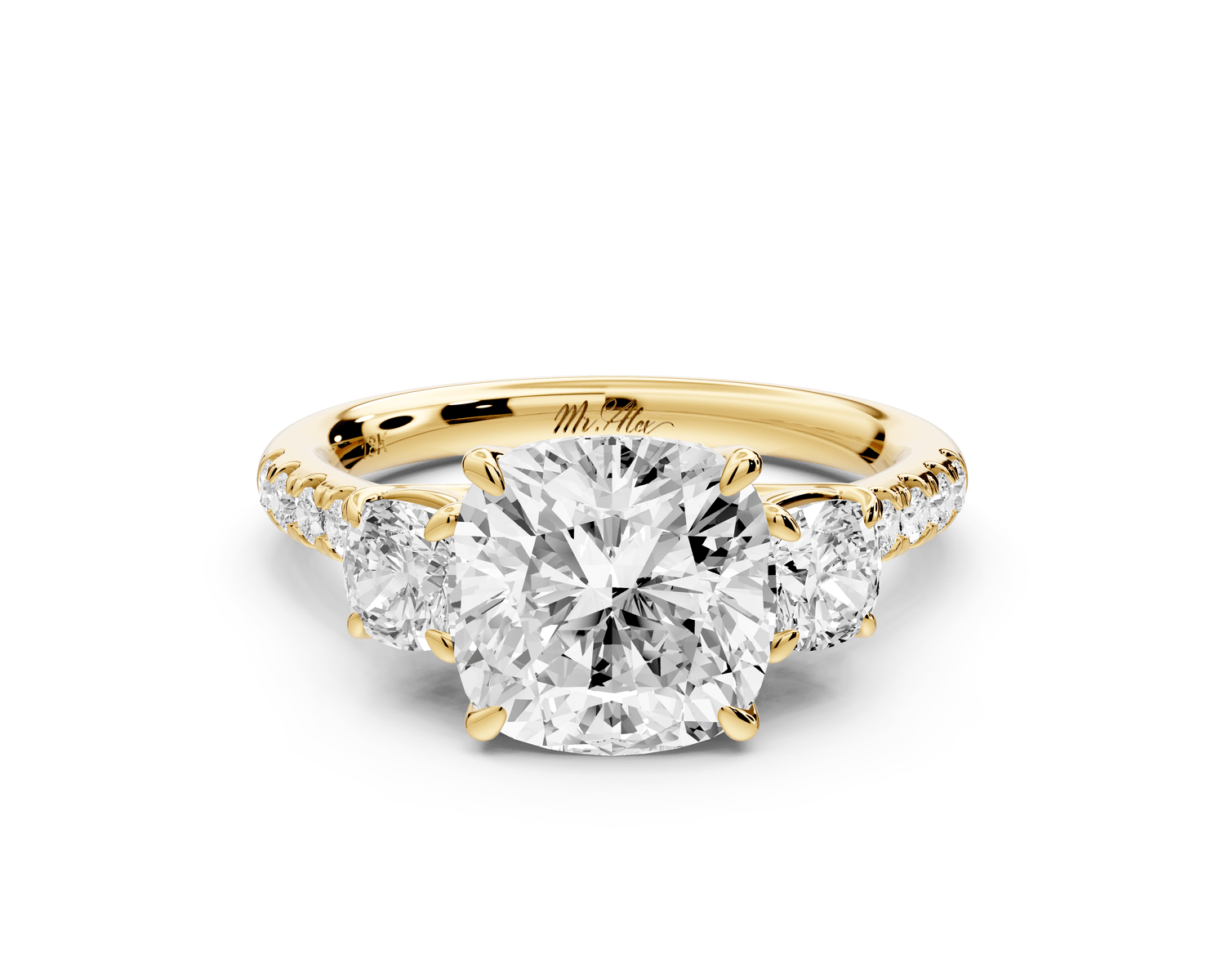 Mia - 3ct 14k yellow gold cushion Trellis Basket Diamond Pavé half band Engagement Ring - Mr. Alex Jewelry