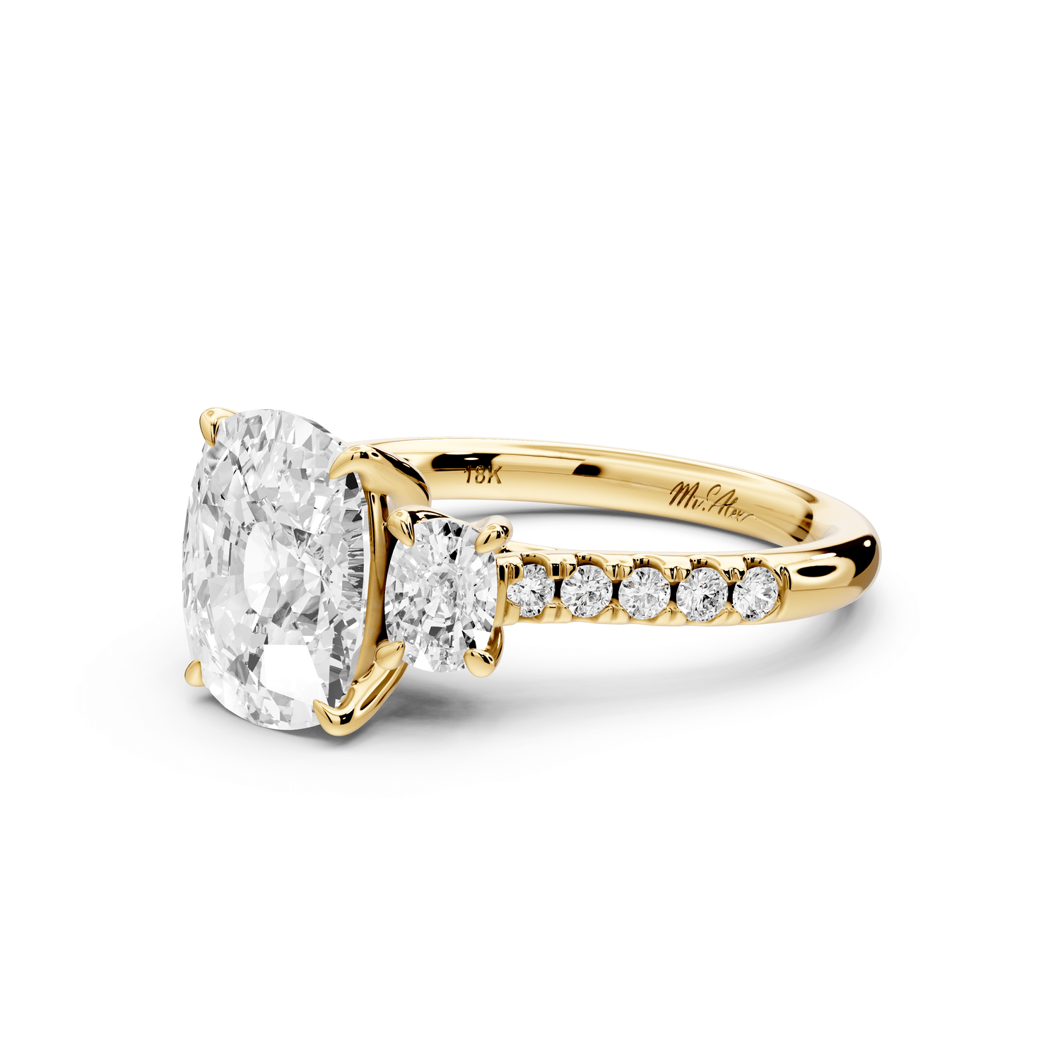 Mia - 3ct 14k yellow gold ecushion Trellis Basket Diamond Pavé half band Engagement Ring - Mr. Alex Jewelry