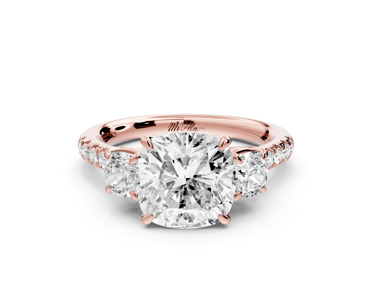Mia - 3ct 18k rose gold cushion Trellis Basket Diamond Pavé half band Engagement Ring - Mr. Alex Jewelry