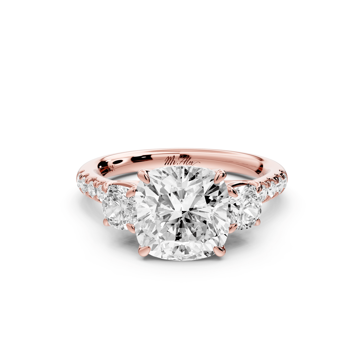 Mia - 3ct 18k rose gold cushion Trellis Basket Diamond Pavé half band Engagement Ring - Mr. Alex Jewelry