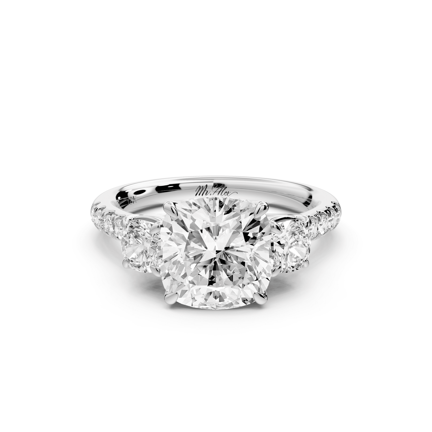 Mia - 3ct 18k white gold cushion Trellis Basket Diamond Pavé half band Engagement Ring - Mr. Alex Jewelry