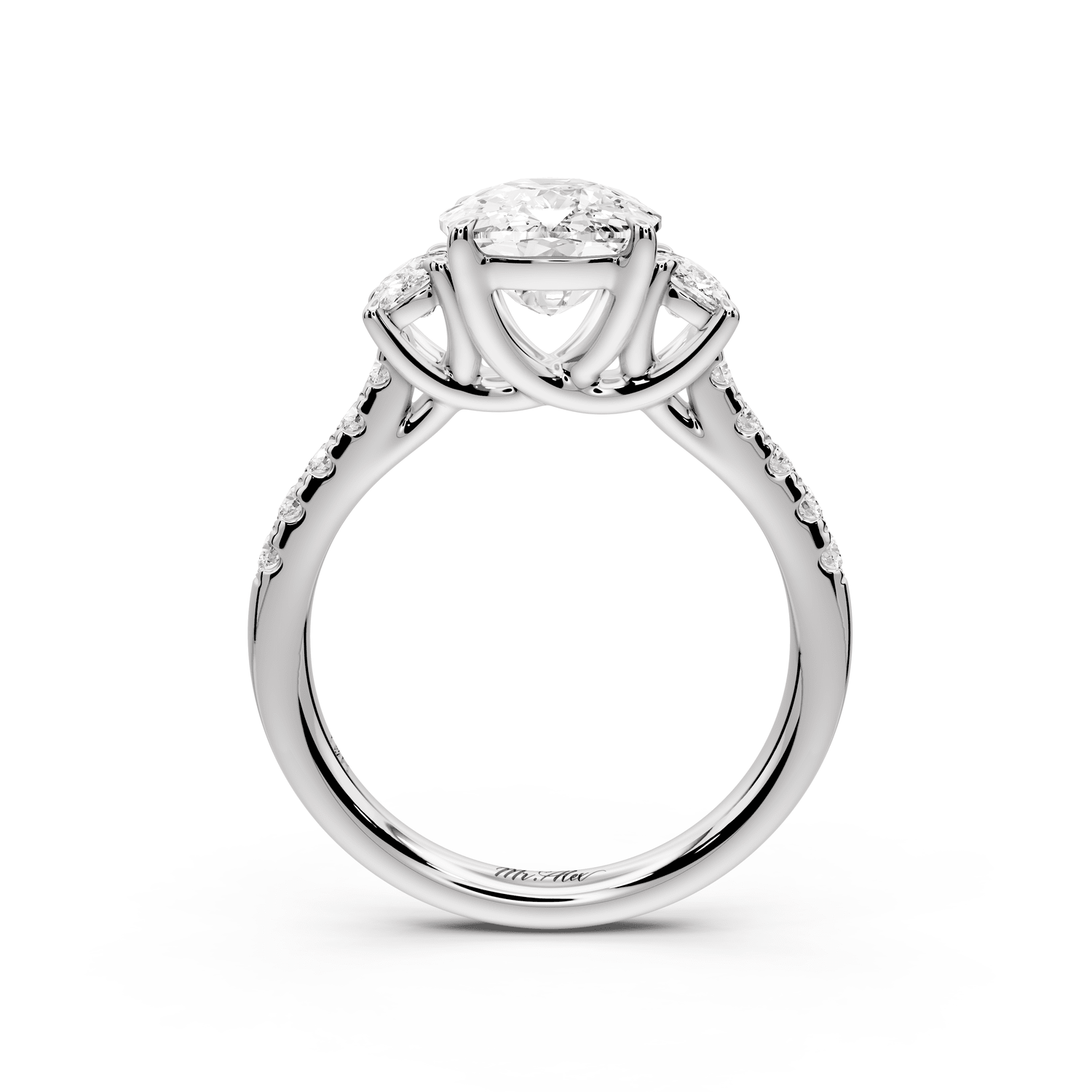 Mia - 3ct 18k white gold ecushion Trellis Basket Diamond Pavé half band Engagement Ring - Mr. Alex Jewelry