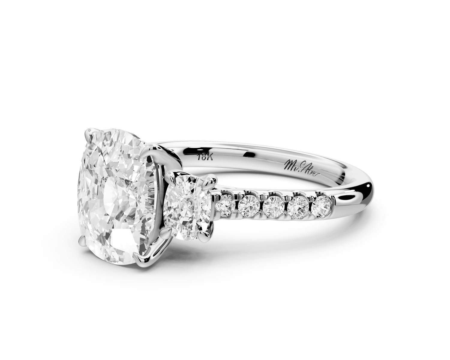 Mia - 3ct 18k white gold ecushion Trellis Basket Diamond Pavé half band Engagement Ring - Mr. Alex Jewelry