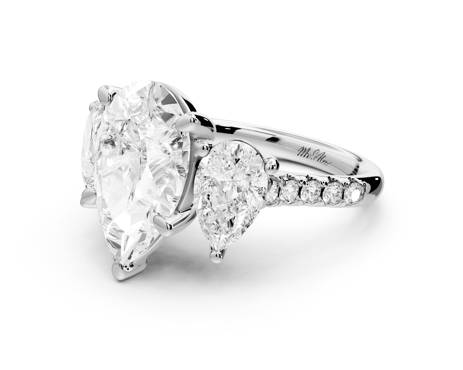 Mia - 3ct 18k white gold pear Trellis Basket Diamond Pavé half band Engagement Ring - Mr. Alex Jewelry