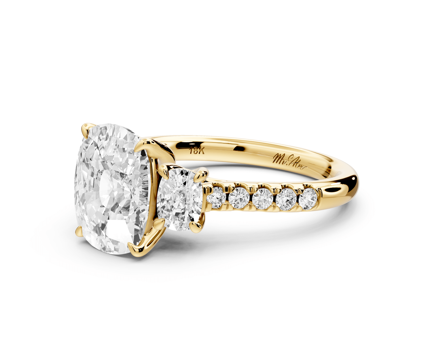 Mia - 3ct 18k yellow gold ecushion Trellis Basket Diamond Pavé half band Engagement Ring - Mr. Alex Jewelry