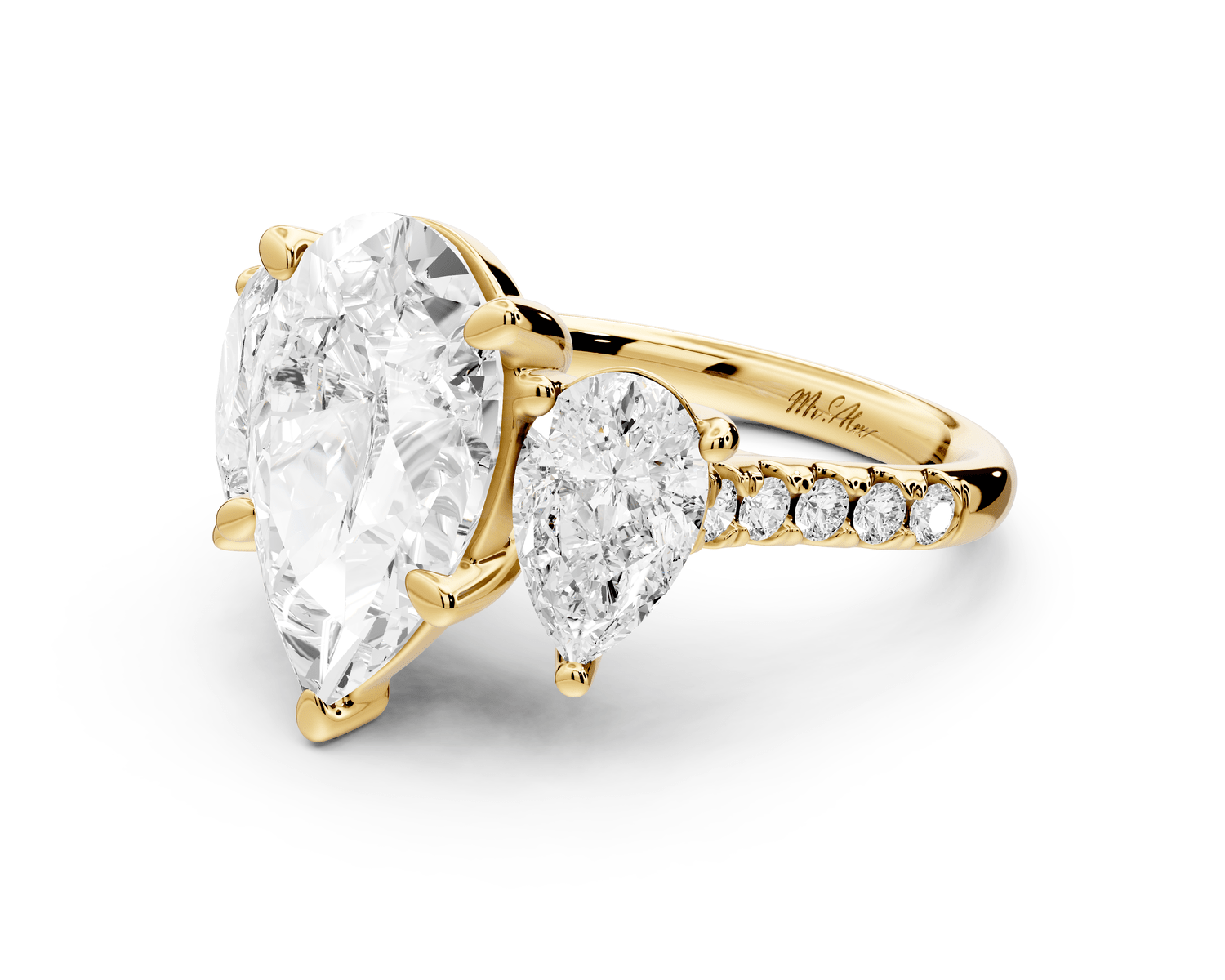 Mia - 3ct 18k yellow gold pear Trellis Basket Diamond Pavé half band Engagement Ring - Mr. Alex Jewelry
