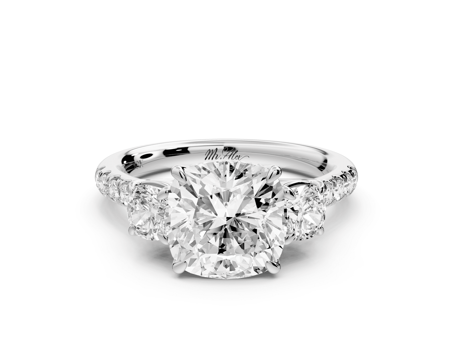 Mia - 3ct platinum cushion Trellis Basket Diamond Pavé half band Engagement Ring - Mr. Alex Jewelry