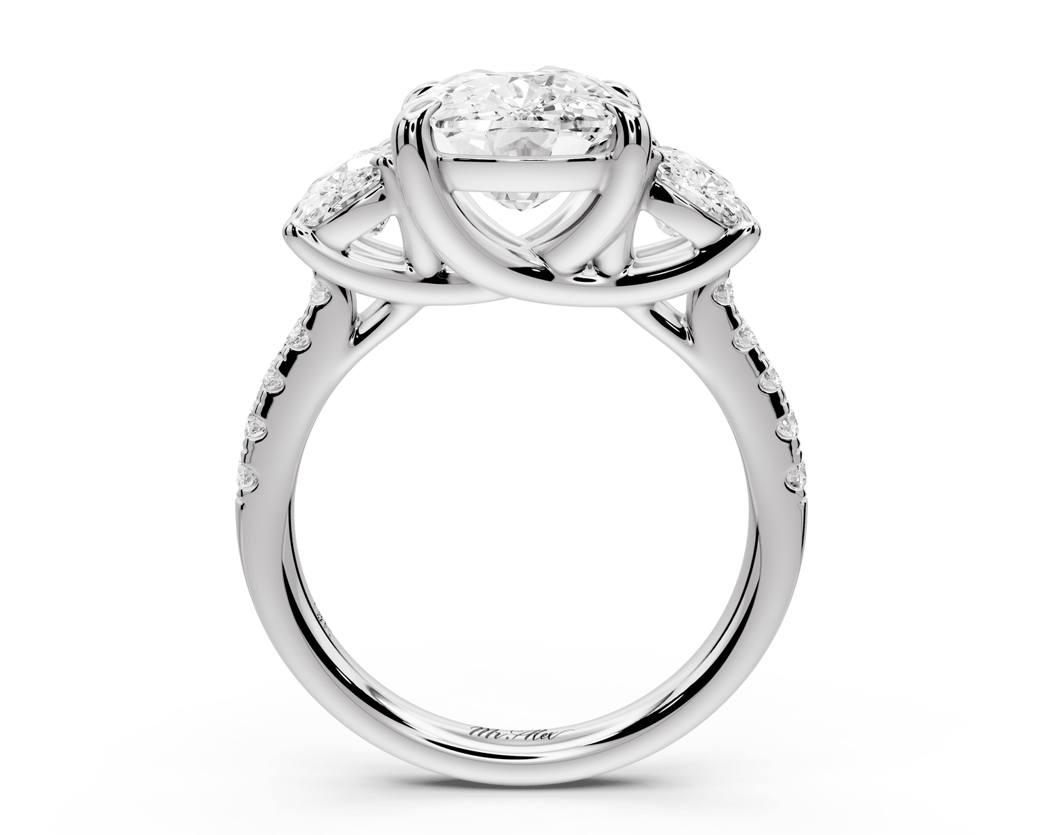 Mia - 4ct 18k white gold ecushion Trellis Basket Diamond Pavé half band Engagement Ring - Mr. Alex Jewelry