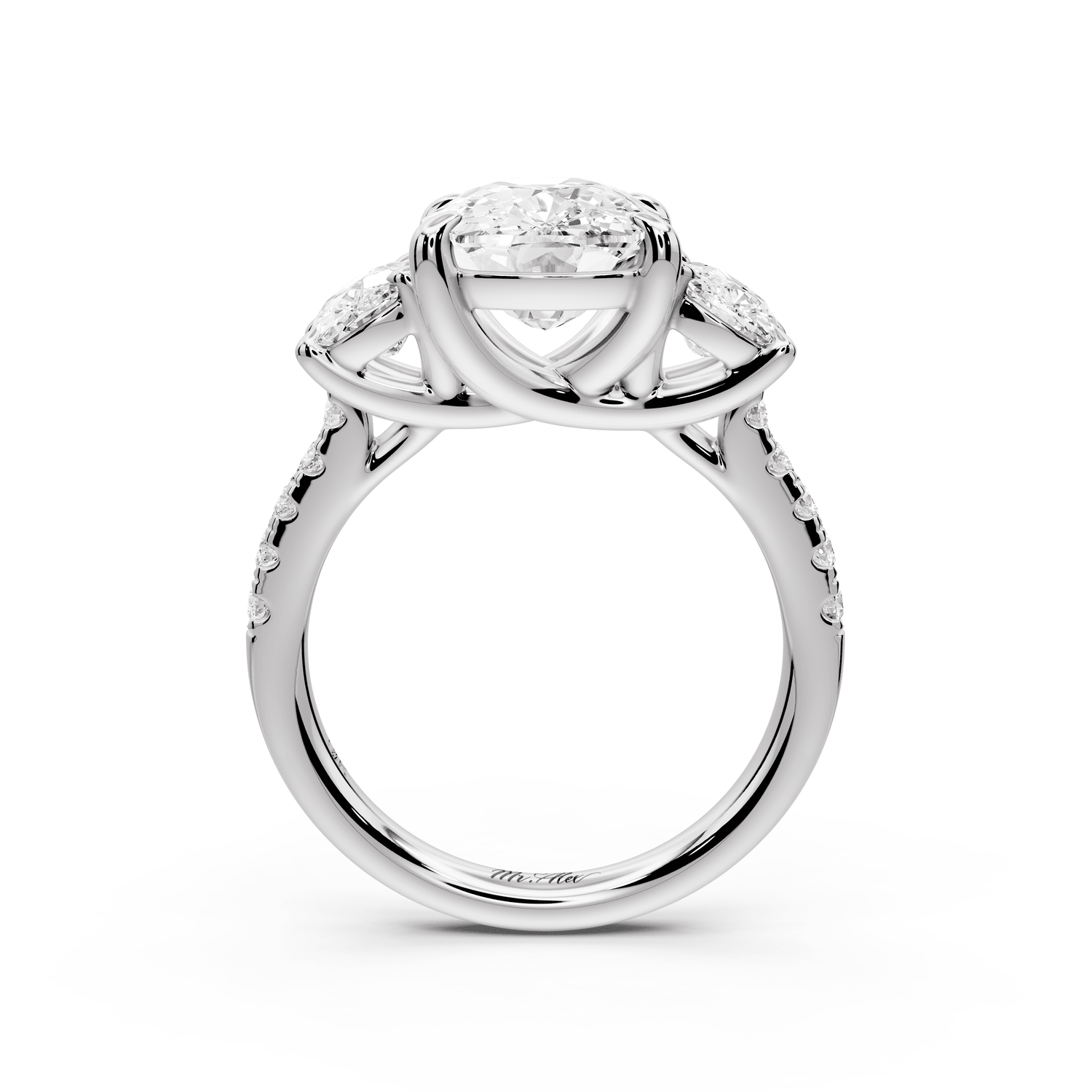 Mia - 4ct 18k white gold ecushion Trellis Basket Diamond Pavé half band Engagement Ring - Mr. Alex Jewelry