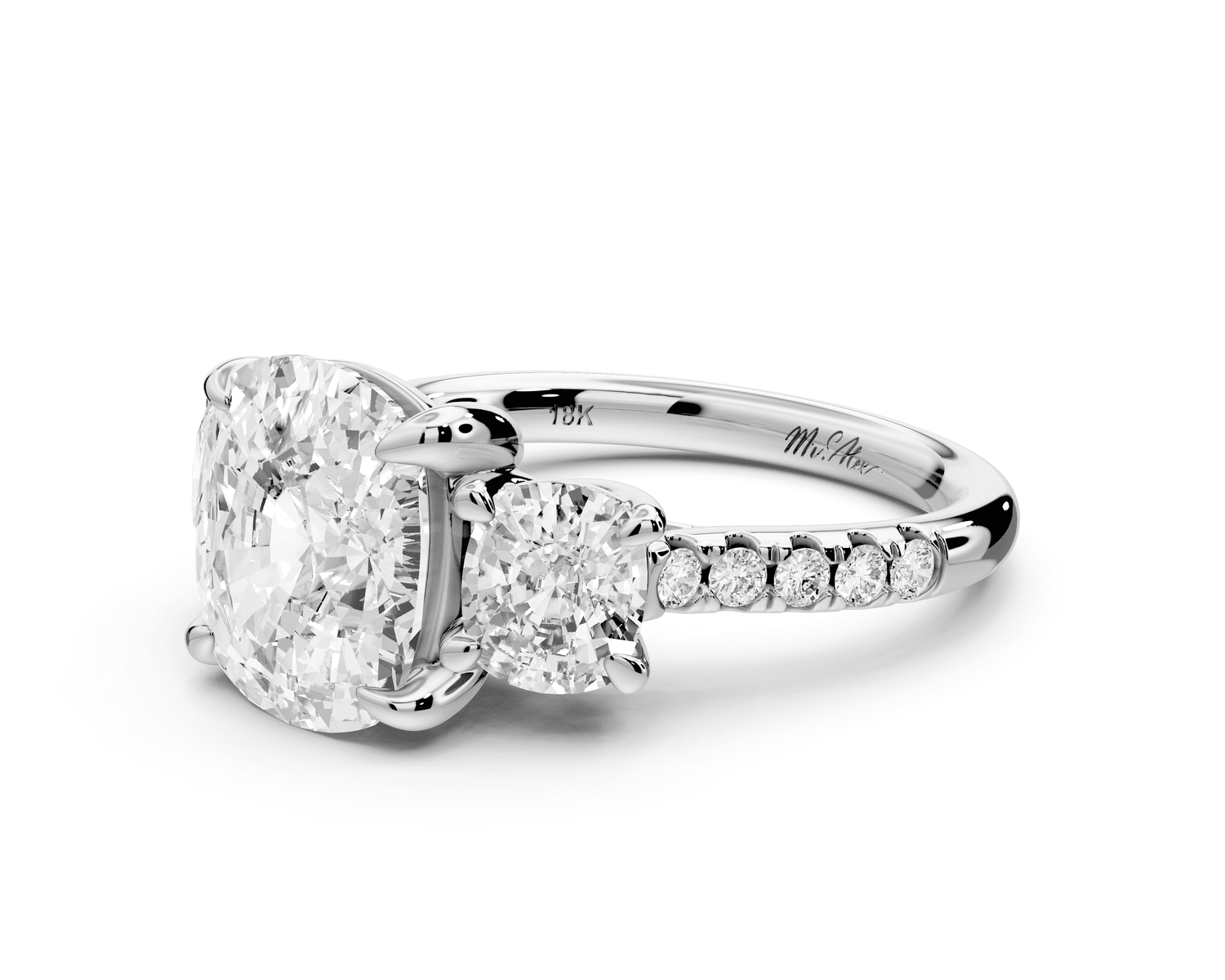 Mia - 4ct 18k white gold ecushion Trellis Basket Diamond Pavé half band Engagement Ring - Mr. Alex Jewelry