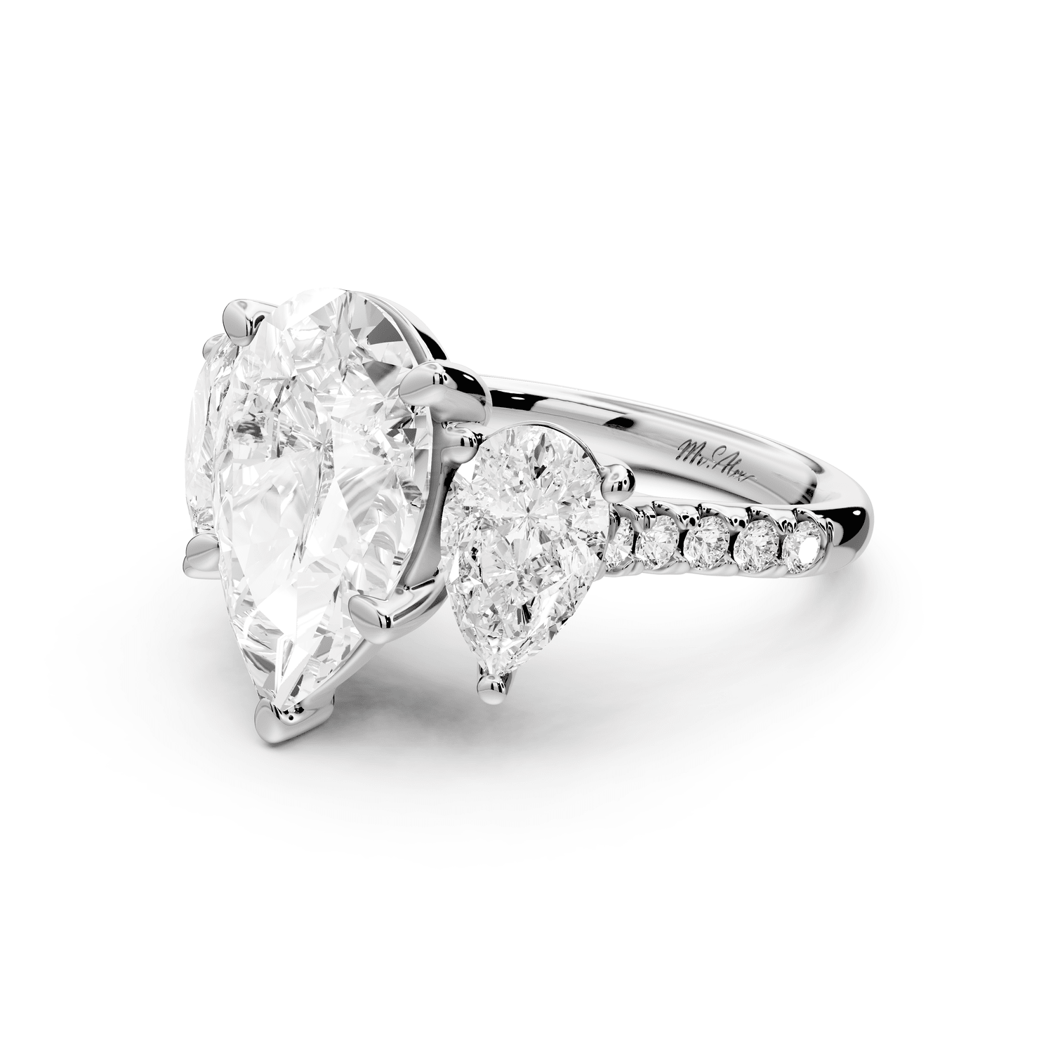 Mia - 4ct 18k white gold pear Trellis Basket Diamond Pavé half band Engagement Ring - Mr. Alex Jewelry