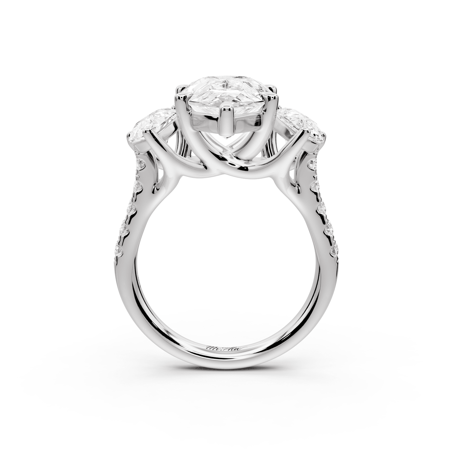 Mia - 4ct 18k white gold pear Trellis Basket Diamond Pavé half band Engagement Ring - Mr. Alex Jewelry