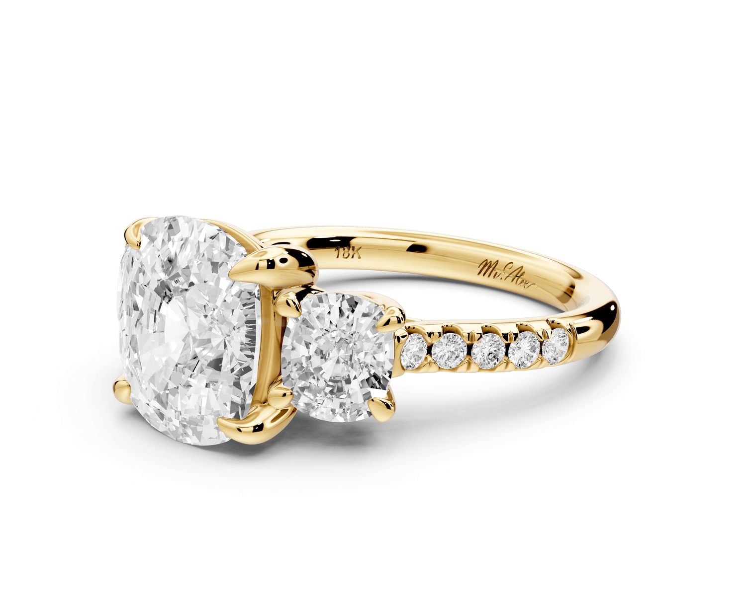 Mia - 4ct 18k yellow gold ecushion Trellis Basket Diamond Pavé half band Engagement Ring - Mr. Alex Jewelry