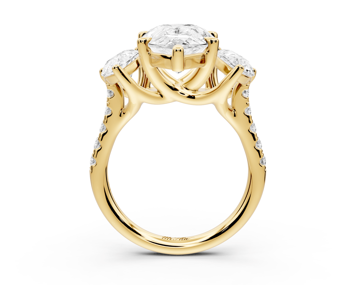 Mia - 4ct 18k yellow gold pear Trellis Basket Diamond Pavé half band Engagement Ring - Mr. Alex Jewelry
