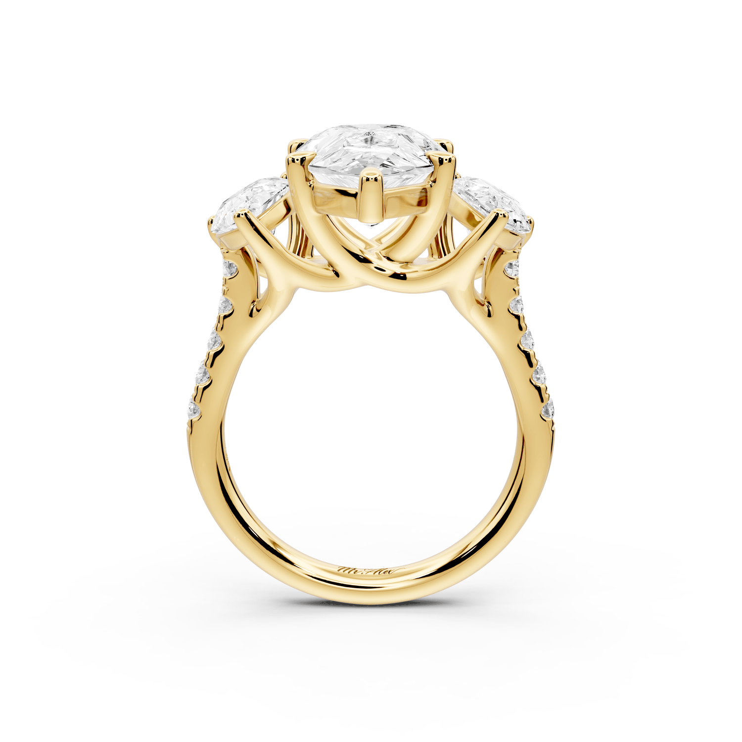 Mia - 4ct 18k yellow gold pear Trellis Basket Diamond Pavé half band Engagement Ring - Mr. Alex Jewelry