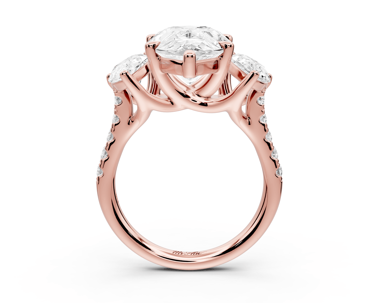 Mia - 5ct 18k rose gold pear Trellis Basket Diamond Pavé half band Engagement Ring - Mr. Alex Jewelry