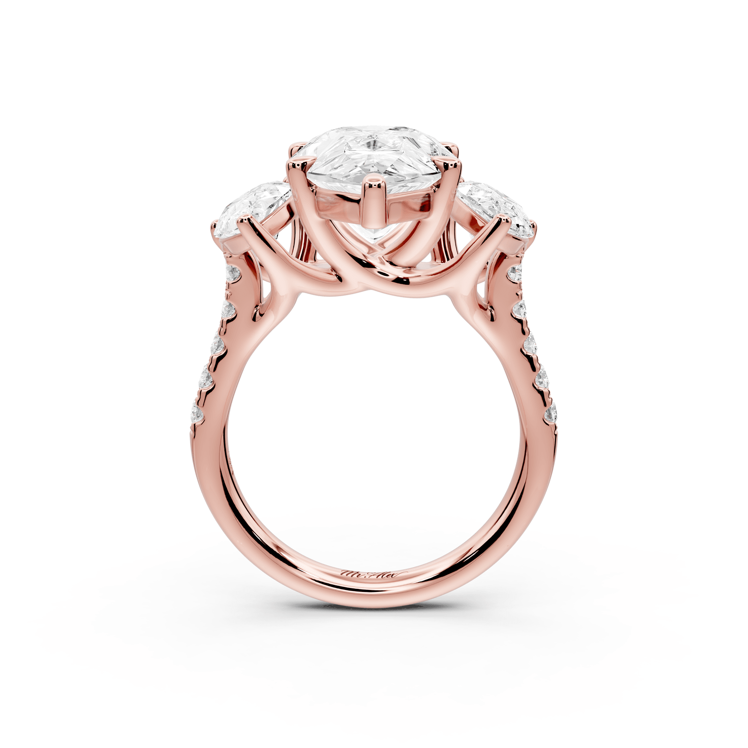 Mia - 5ct 18k rose gold pear Trellis Basket Diamond Pavé half band Engagement Ring - Mr. Alex Jewelry