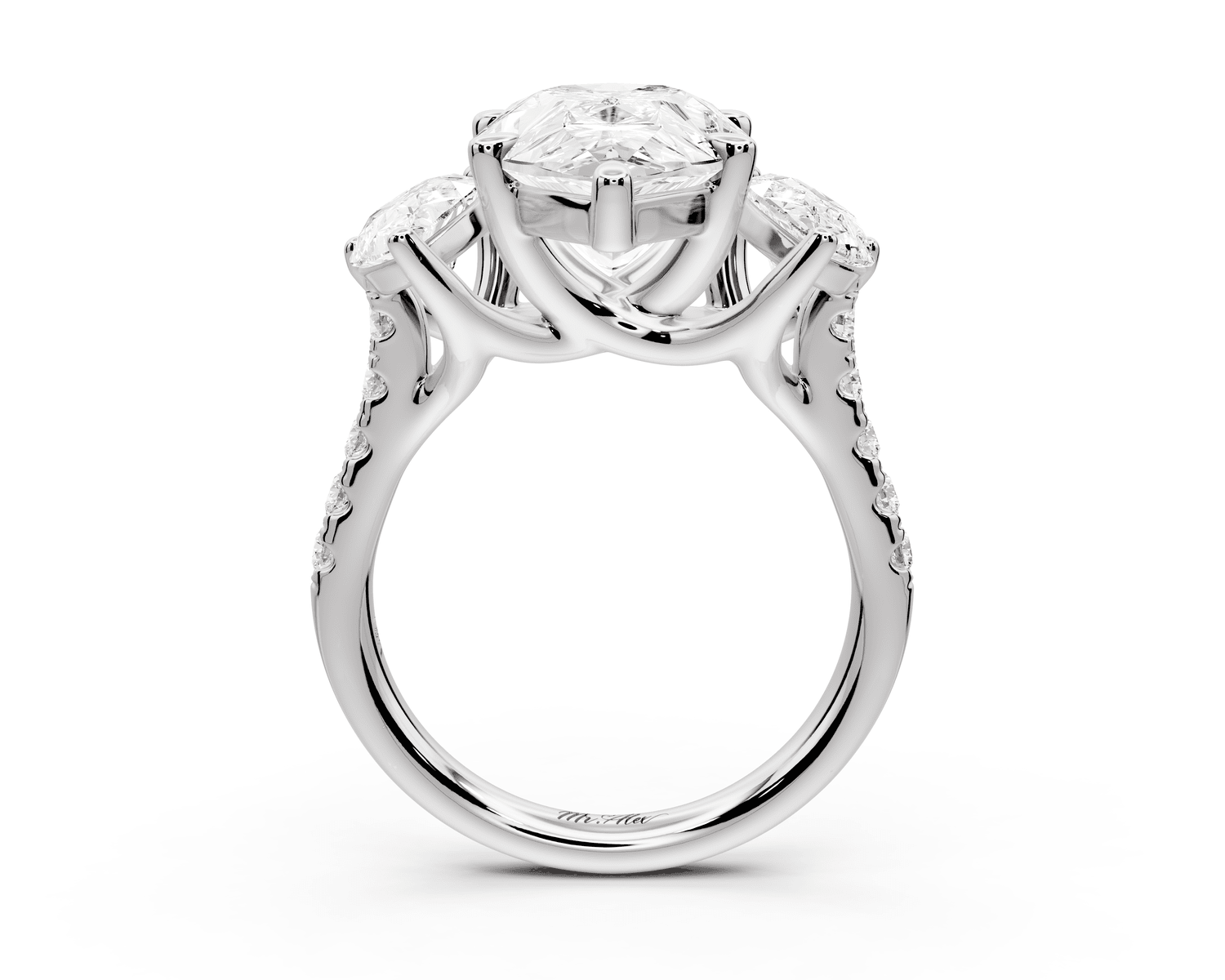 Mia - 5ct 18k white gold pear Trellis Basket Diamond Pavé half band Engagement Ring - Mr. Alex Jewelry