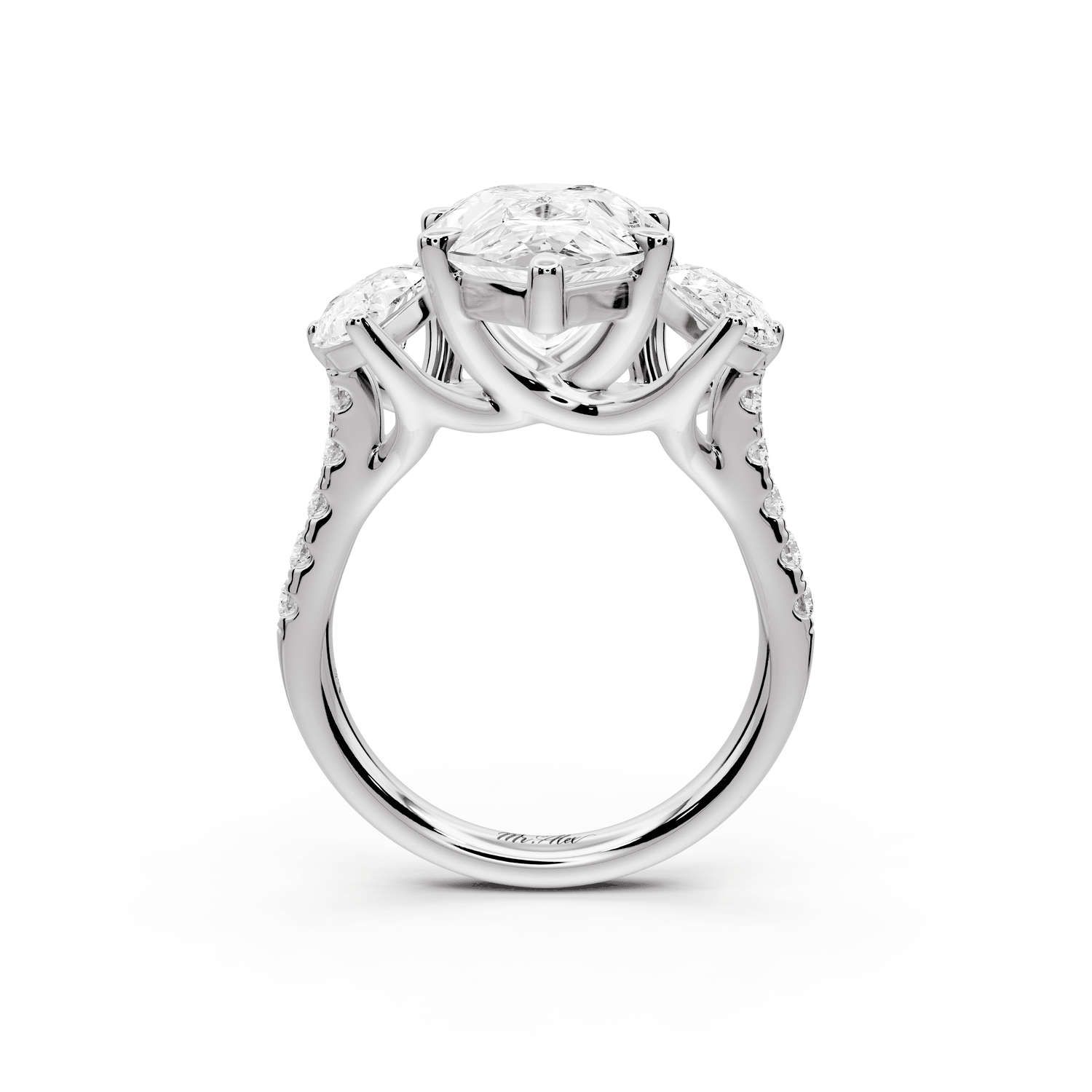 Mia - 5ct 18k white gold pear Trellis Basket Diamond Pavé half band Engagement Ring - Mr. Alex Jewelry