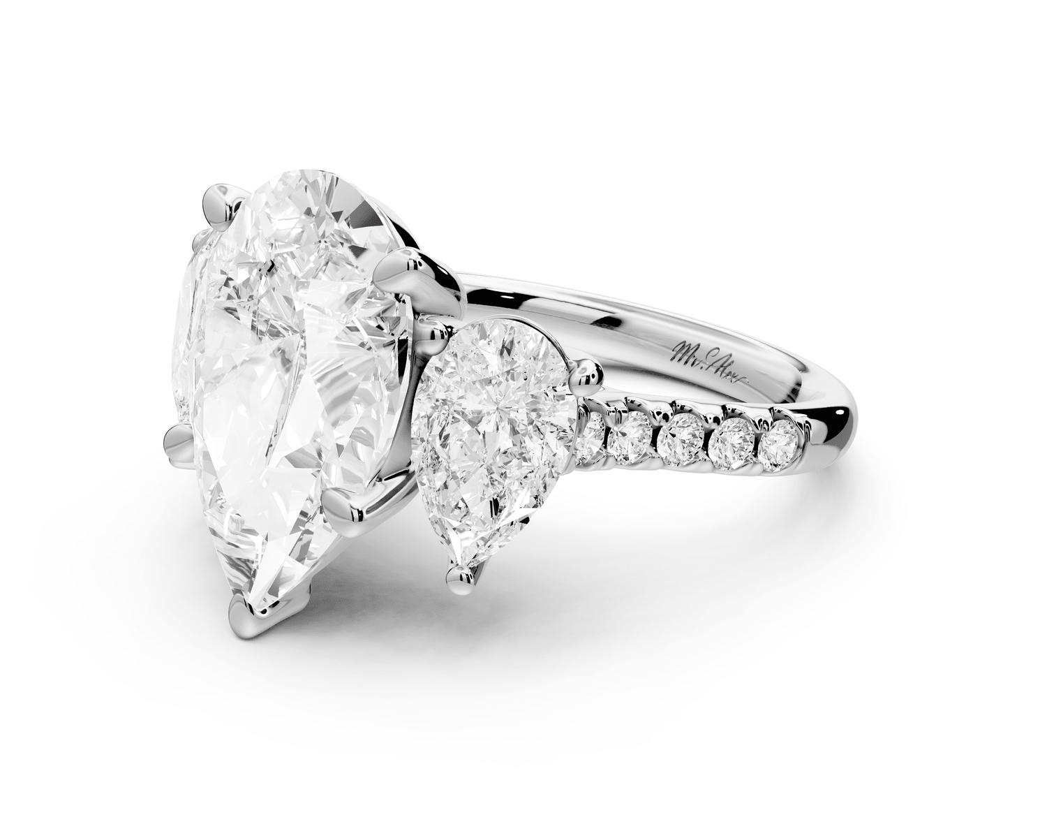 Mia - 5ct 18k white gold pear Trellis Basket Diamond Pavé half band Engagement Ring - Mr. Alex Jewelry