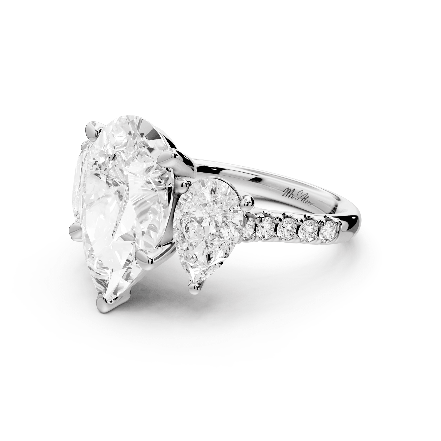 Mia - 5ct 18k white gold pear Trellis Basket Diamond Pavé half band Engagement Ring - Mr. Alex Jewelry