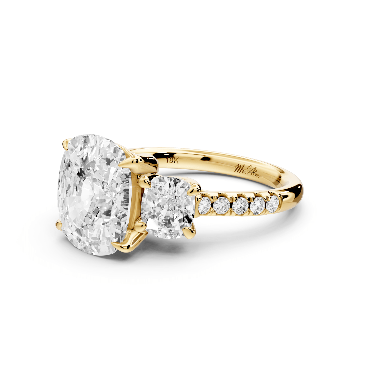 Mia - 5ct 18k yellow gold ecushion Trellis Basket Diamond Pavé half band Engagement Ring - Mr. Alex Jewelry