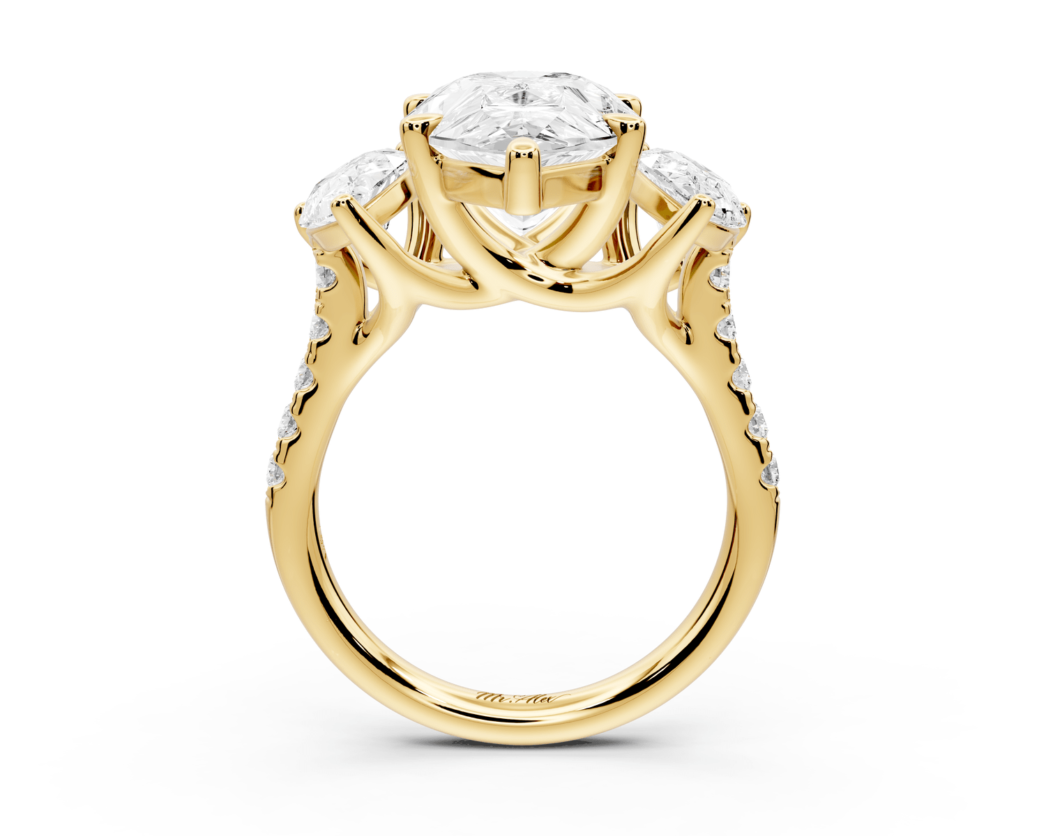 Mia - 5ct 18k yellow gold pear Trellis Basket Diamond Pavé half band Engagement Ring - Mr. Alex Jewelry