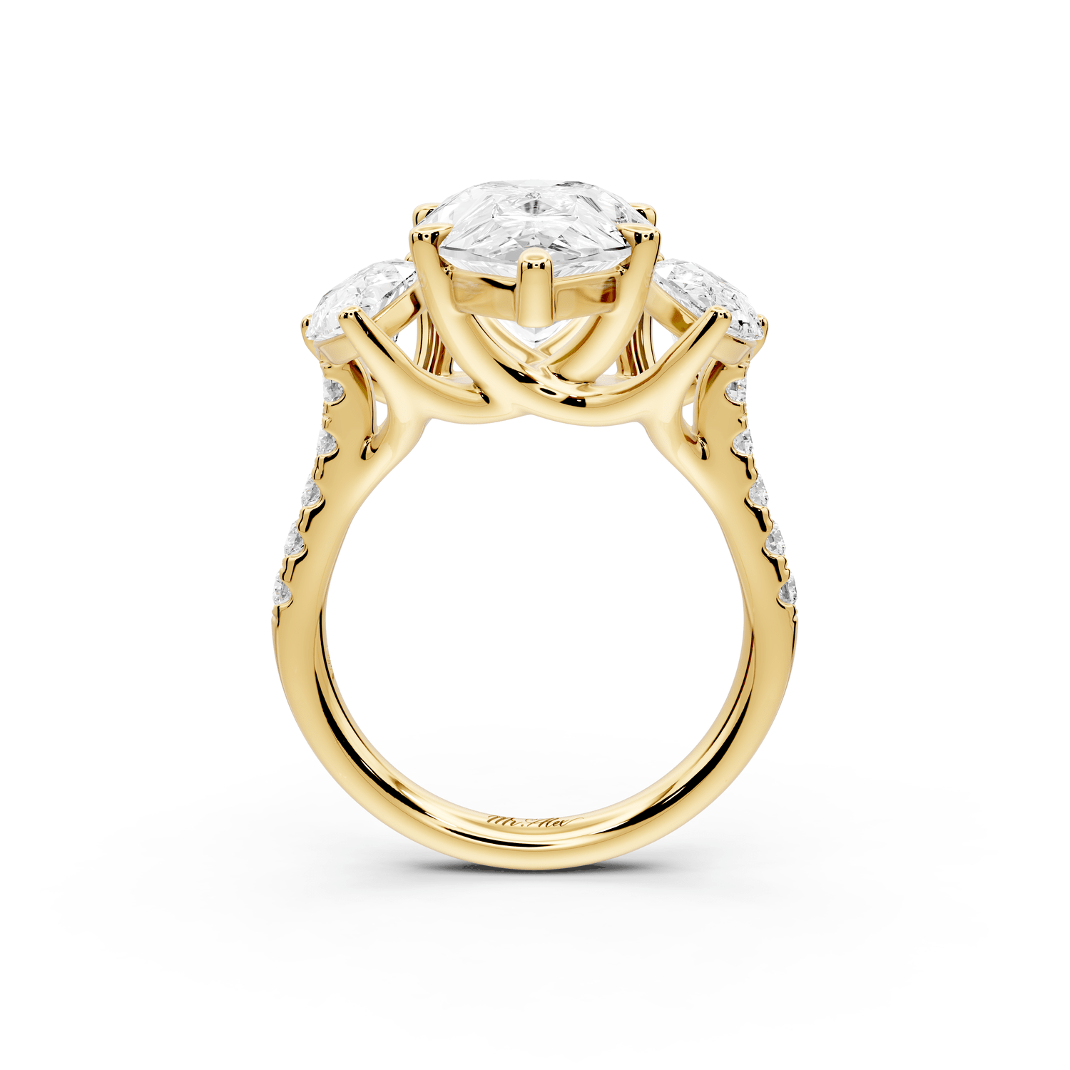 Mia - 5ct 18k yellow gold pear Trellis Basket Diamond Pavé half band Engagement Ring - Mr. Alex Jewelry