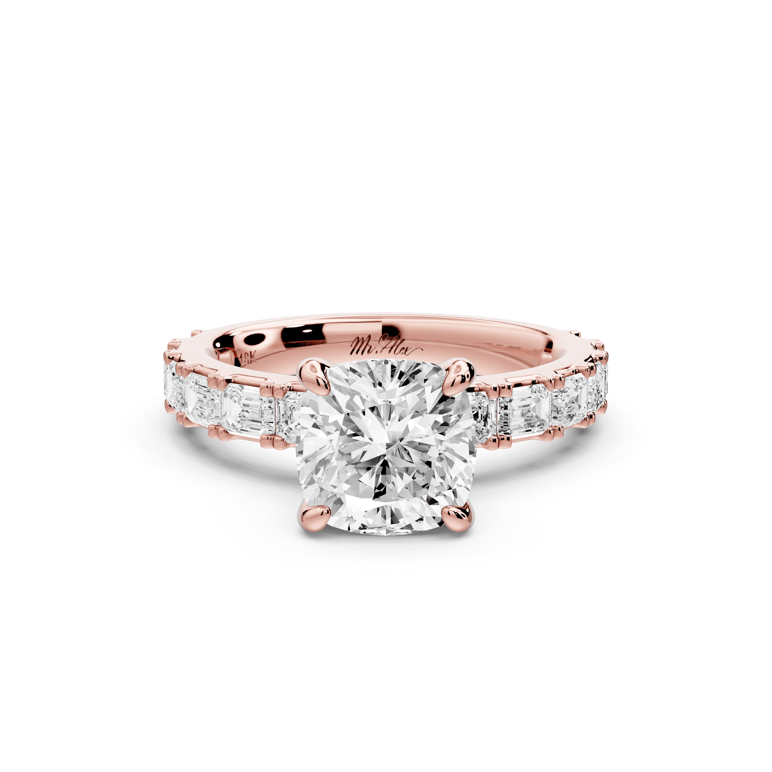 Nadia - 2ct 14k rose gold cushion diamond with east - west emerald cut accent stones engagement ring - Mr. Alex Jewelry
