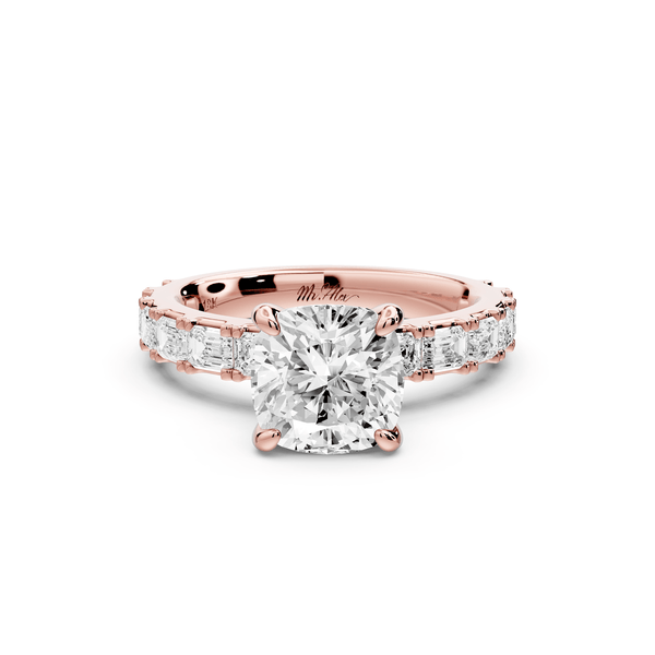 Nadia - 2ct 14k rose gold cushion diamond with east - west emerald cut accent stones engagement ring - Mr. Alex Jewelry