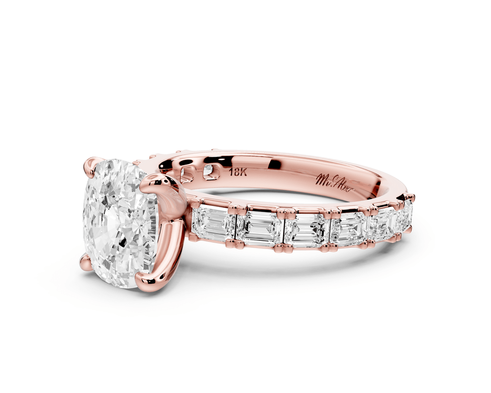 Nadia - 2ct 14k rose gold ecushion diamond with east - west emerald cut accent stones engagement ring - Mr. Alex Jewelry