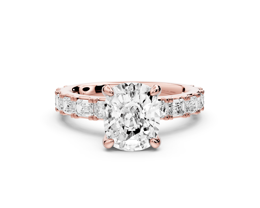 Nadia - 2ct 14k rose gold ecushion diamond with east - west emerald cut accent stones engagement ring - Mr. Alex Jewelry