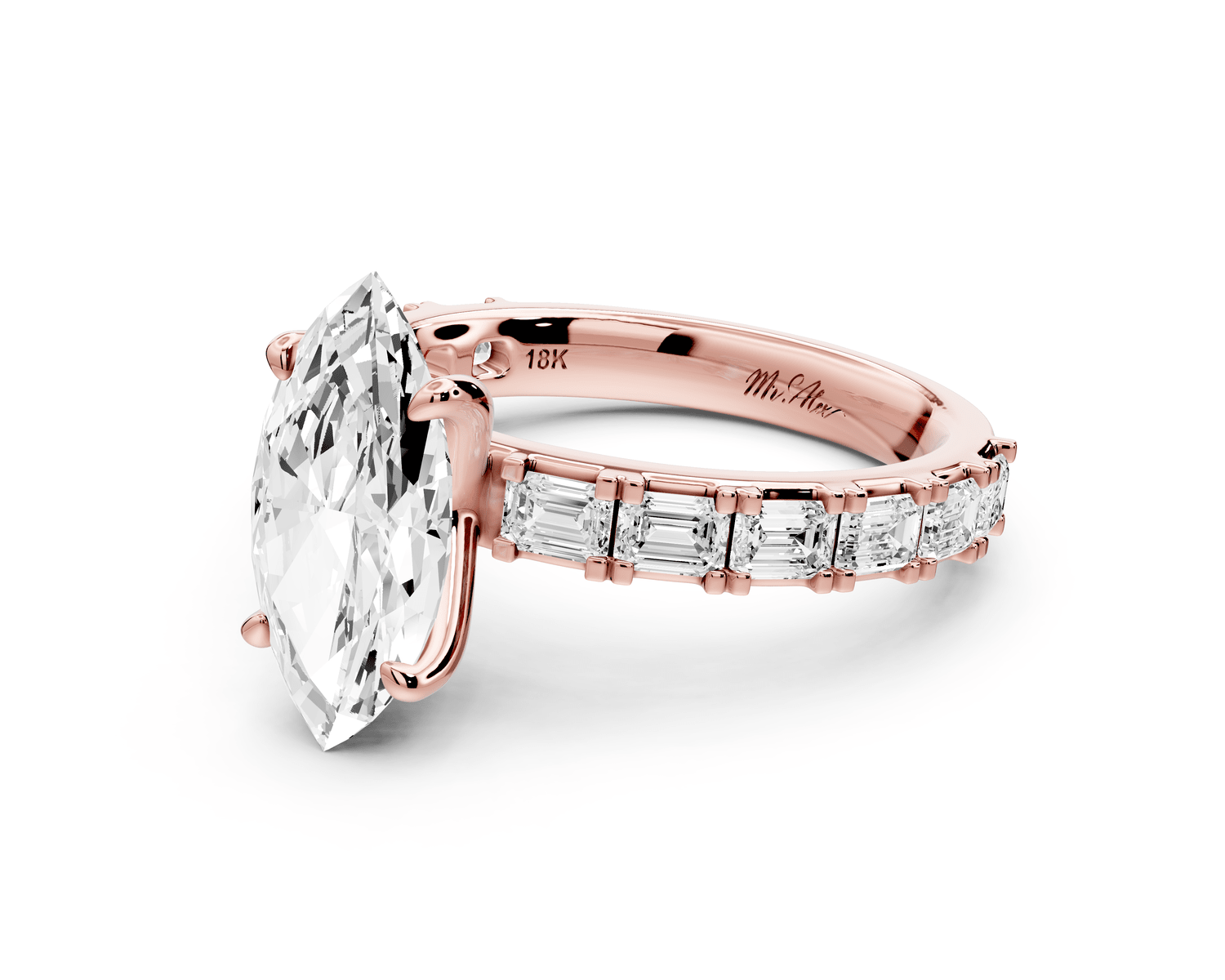 Nadia - 2ct 14k rose gold marquise diamond with east - west emerald cut accent stones engagement ring - Mr. Alex Jewelry