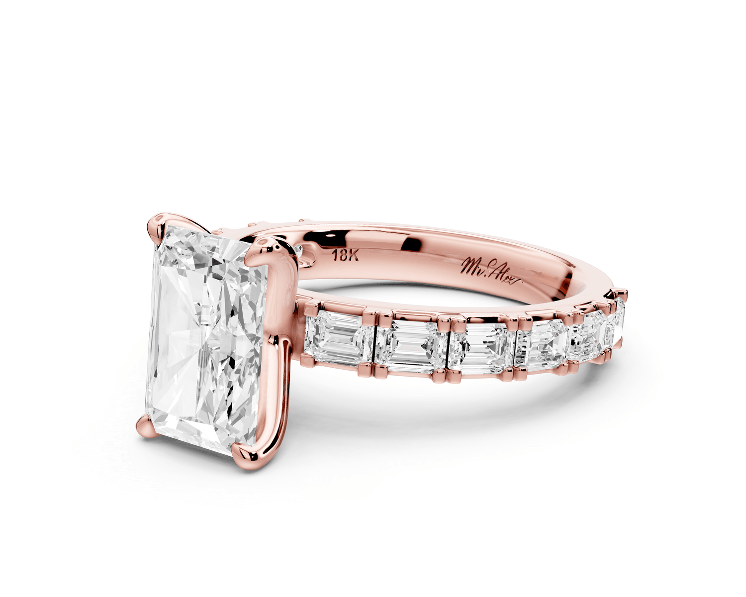 Nadia - 2ct 14k rose gold radiant diamond with east - west emerald cut accent stones engagement ring - Mr. Alex Jewelry