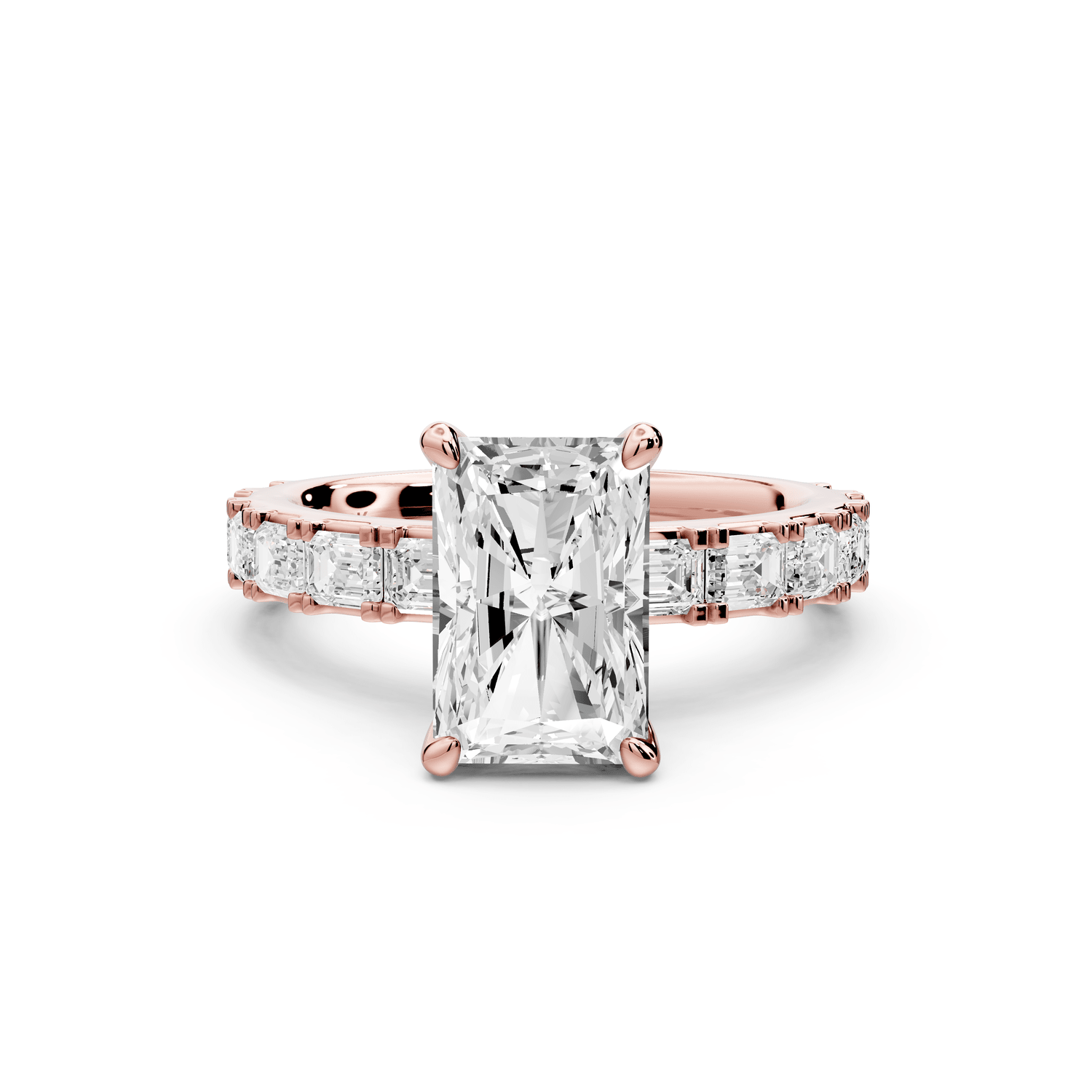Nadia - 2ct 14k rose gold radiant diamond with east - west emerald cut accent stones engagement ring - Mr. Alex Jewelry